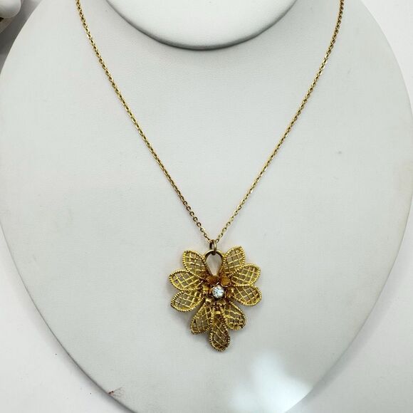 Vintage Gold Tone Waffle Weave Flower Rhinestone Pendant Necklace Unique Spring - Picture 8 of 9